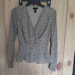 Soprano Beige and Black Leopard Print Wrap Peplum Top